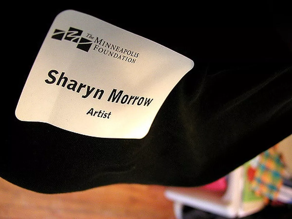 Name tag showing the name "Sharyn Morrow - artist"