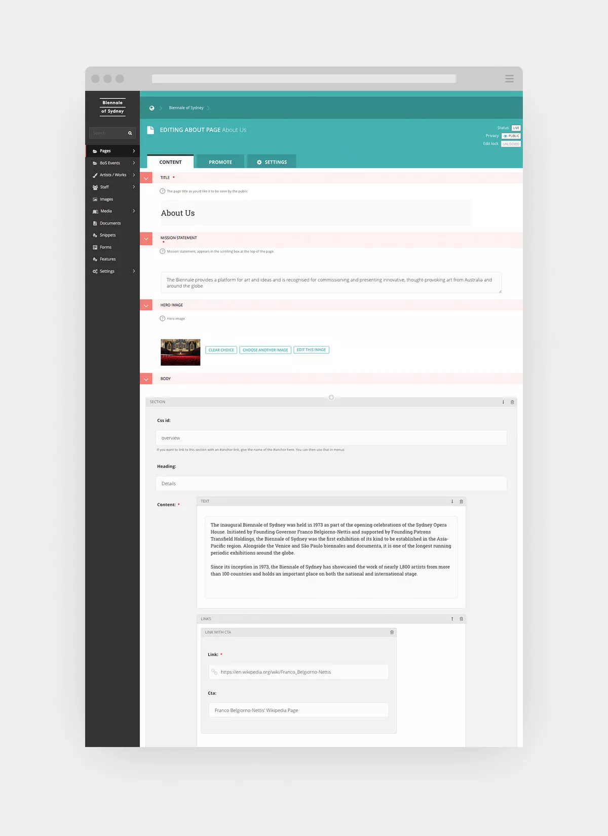 Screenshot of the Biennale of Sydney website admin with nested blocks within a page section.
