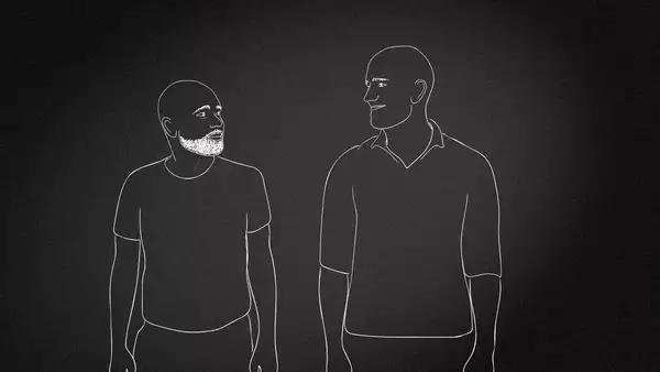 An illustration of two men, drawn in white outlines against a black background