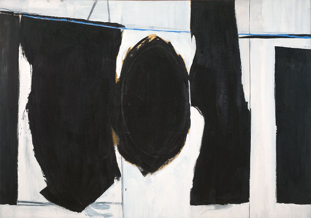 Abstract painting of black rectangular and oval shapes on a white/grey background