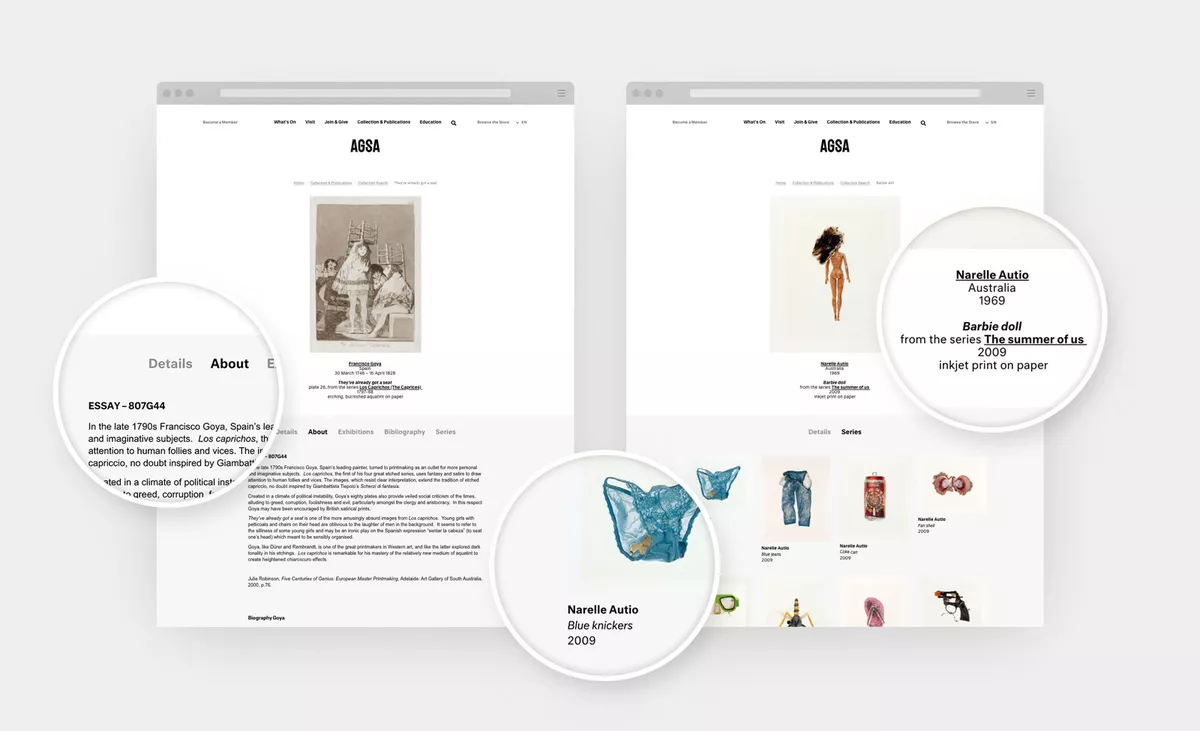 Screenshots of a Work of Art Detail page show advanced content