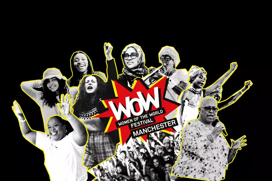 Collage of speakers at WOW festival with 'WOW - Women of the World Manchester' logo in the middle