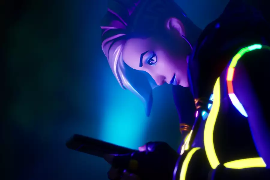 A screenshot of LaTurbo Avedon in Fortnite Creative - they are shot from the left side, and their face is lit by the blue light of the phone they are looking at.
