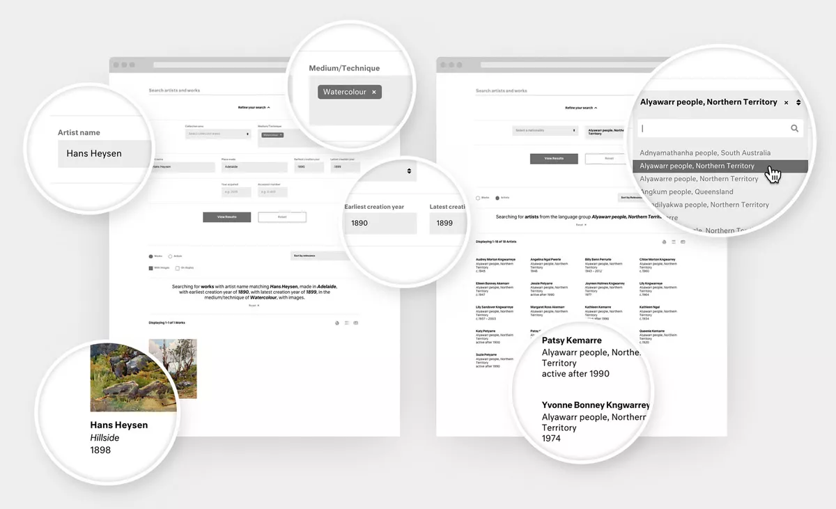 Screenshots of the AGSA Collection search highlighting filtering options