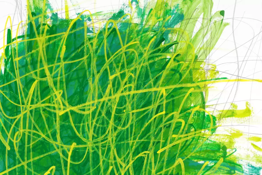 Artwork by Michael Beard showing lies on a white background, which are different shades of green and yellow