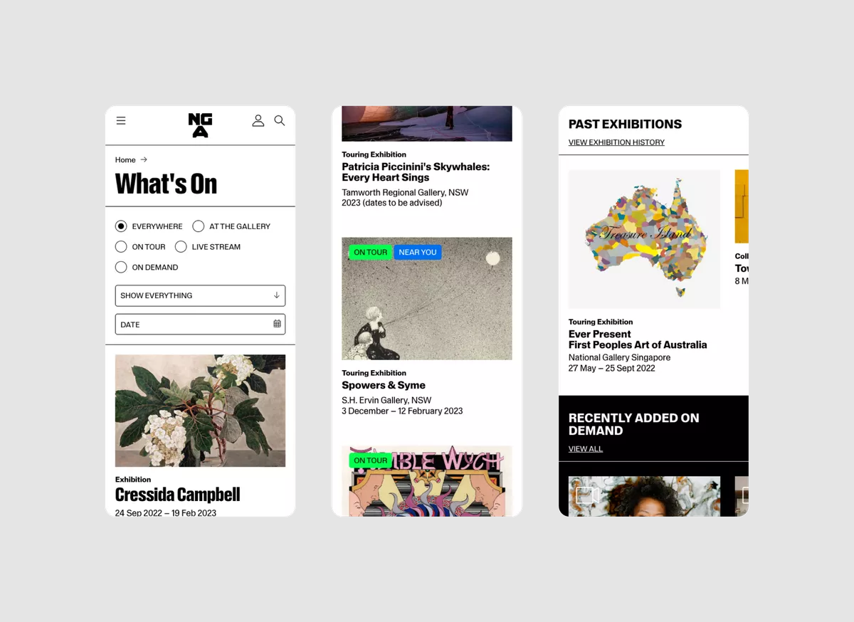 Mobile views of the NGA What's On page