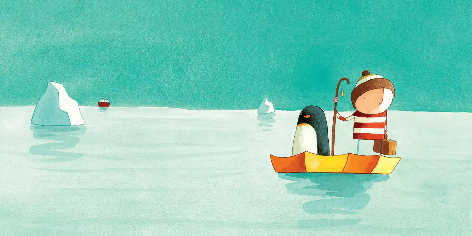 An illustration of a boy and a penguin in a small boat out at sea. Ice bergs are visible in the background.
