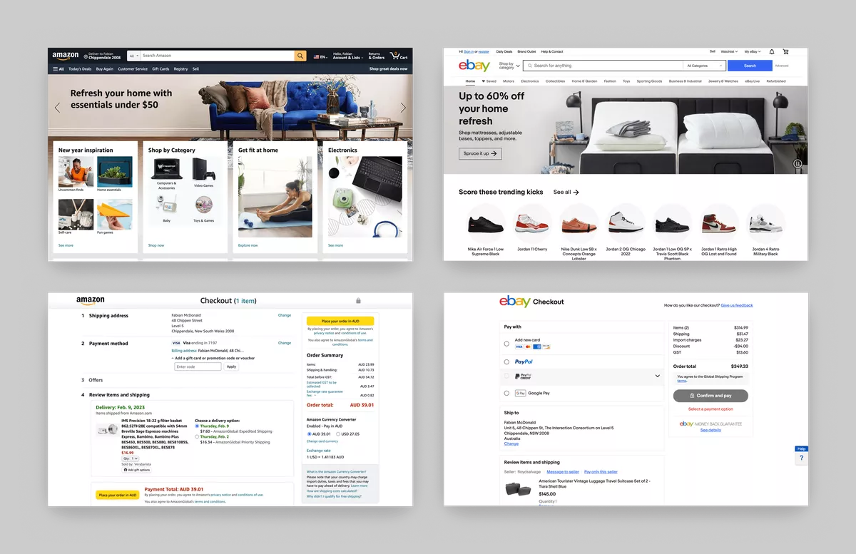 Screenshots from Amazon and eBay showing both the homepage and checkout screens
